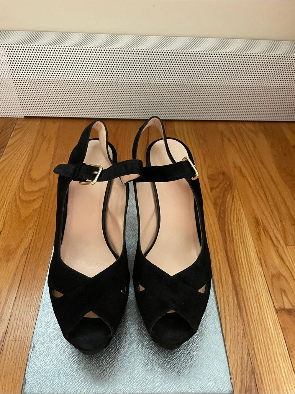 Stuart Weitzman Black Suede Crisscross Slingback Heels
